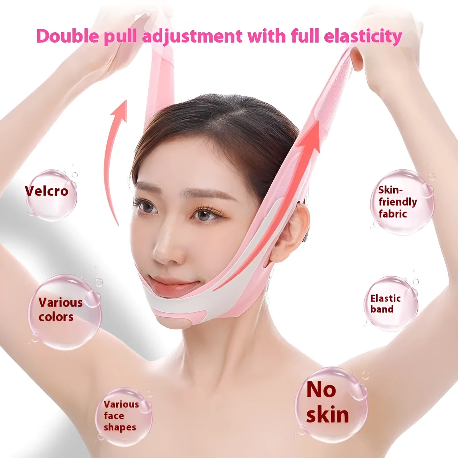 Pink elastic V-shaped face bandage with adjustable black velcro strap on a white background.