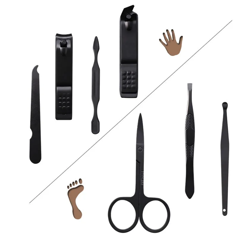 7-piece metal nail clippers manicure set with eyebrow scissors and nail file on white background