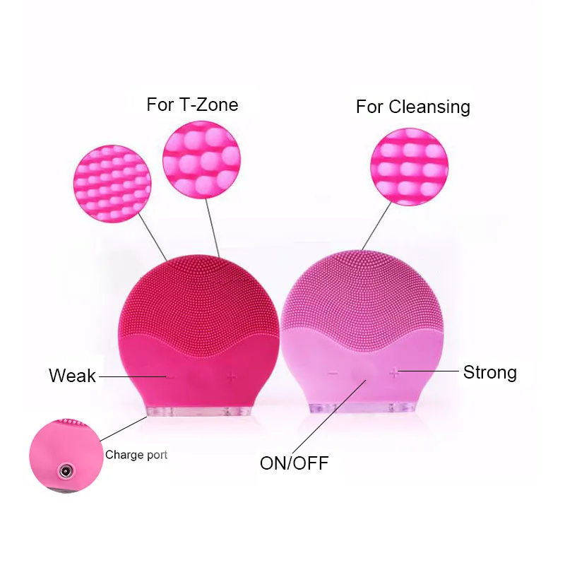Electric waterproof silicone cleansing instrument mini facial brush in pink with USB cable