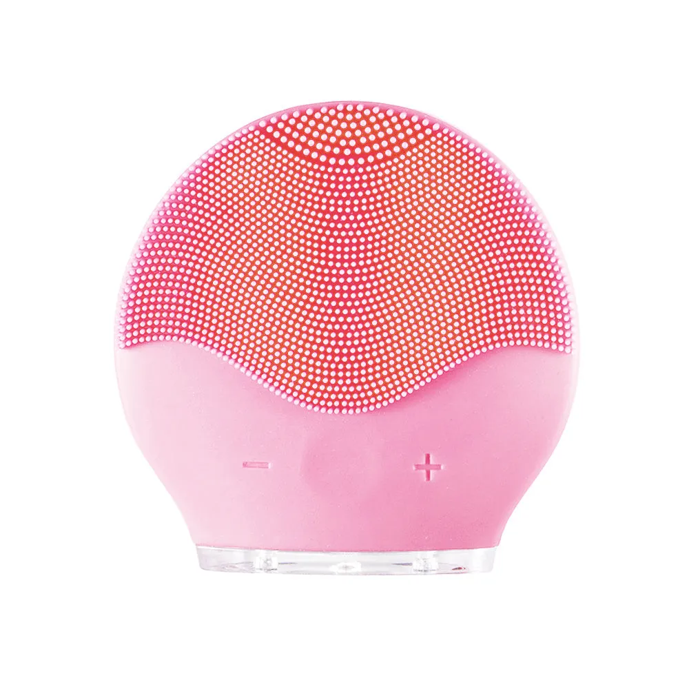 Electric waterproof silicone cleansing instrument mini facial brush in pink with USB cable