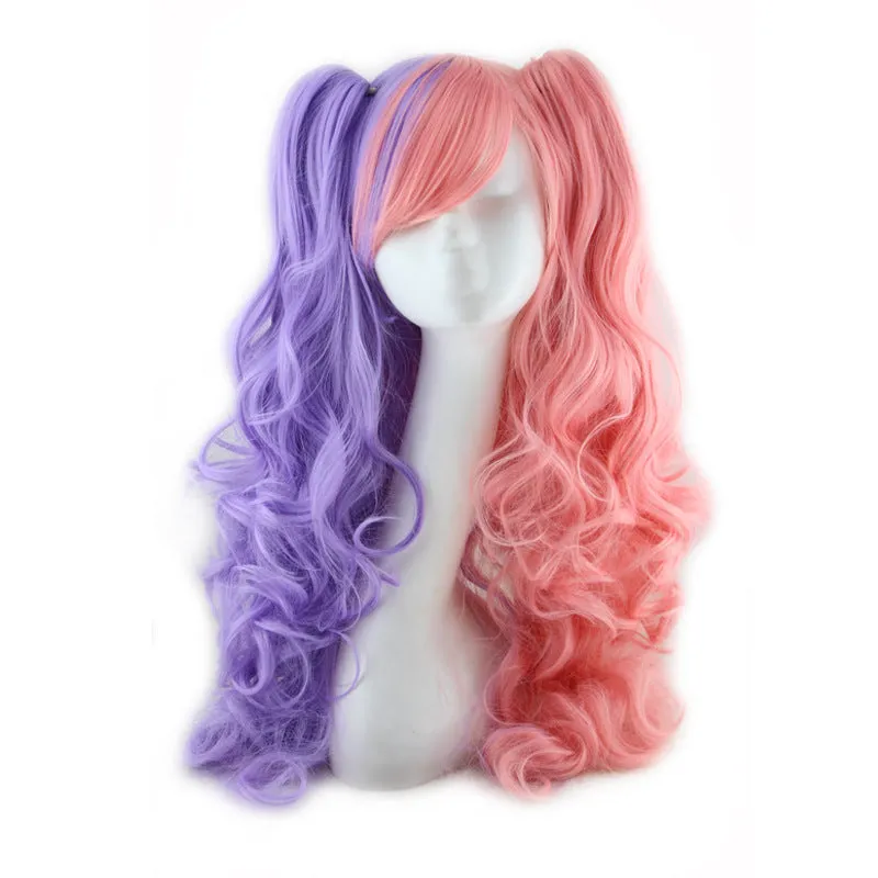 Colorful long curly synthetic wig with high temperature wire hairline in a pink gold colour option