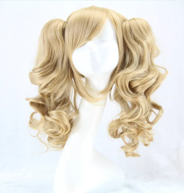 Colorful long curly synthetic wig with high temperature wire hairline in a pink gold colour option