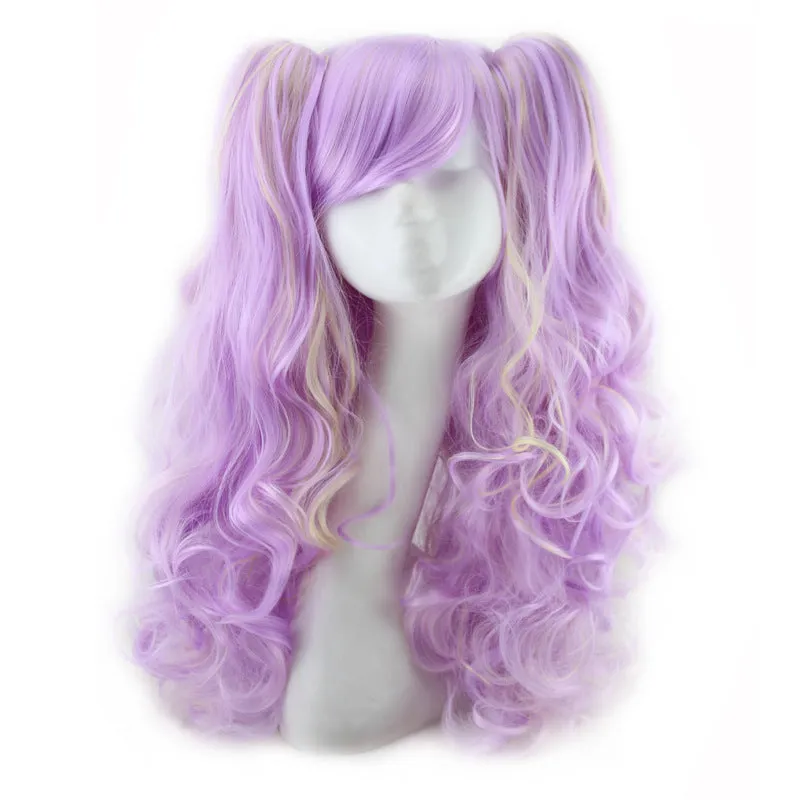 Colorful long curly synthetic wig with high temperature wire hairline in a pink gold colour option
