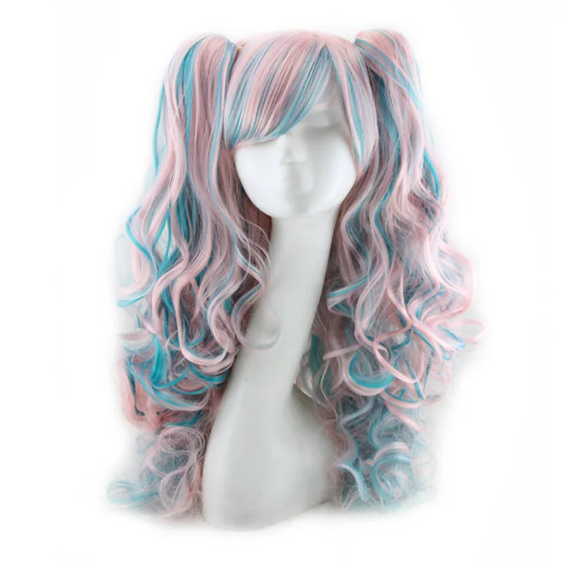 Colorful long curly synthetic wig with high temperature wire hairline in a pink gold colour option