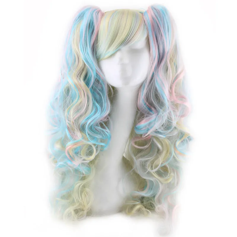 Colorful long curly synthetic wig with high temperature wire hairline in a pink gold colour option