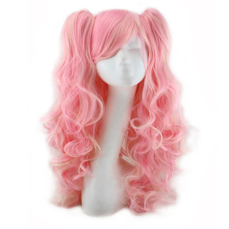 Colorful long curly synthetic wig with high temperature wire hairline in a pink gold colour option