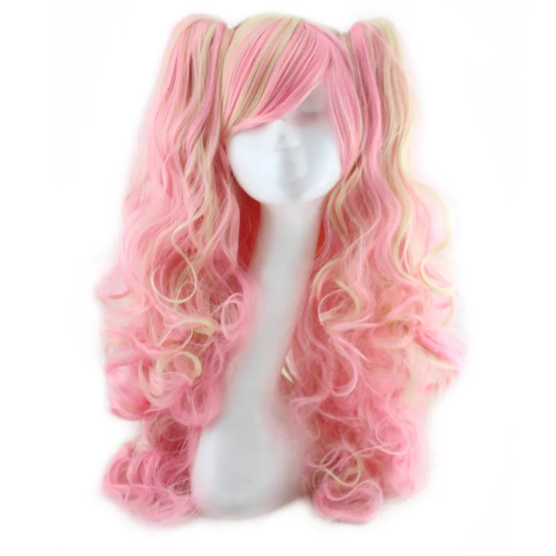 Colorful long curly synthetic wig with high temperature wire hairline in a pink gold colour option