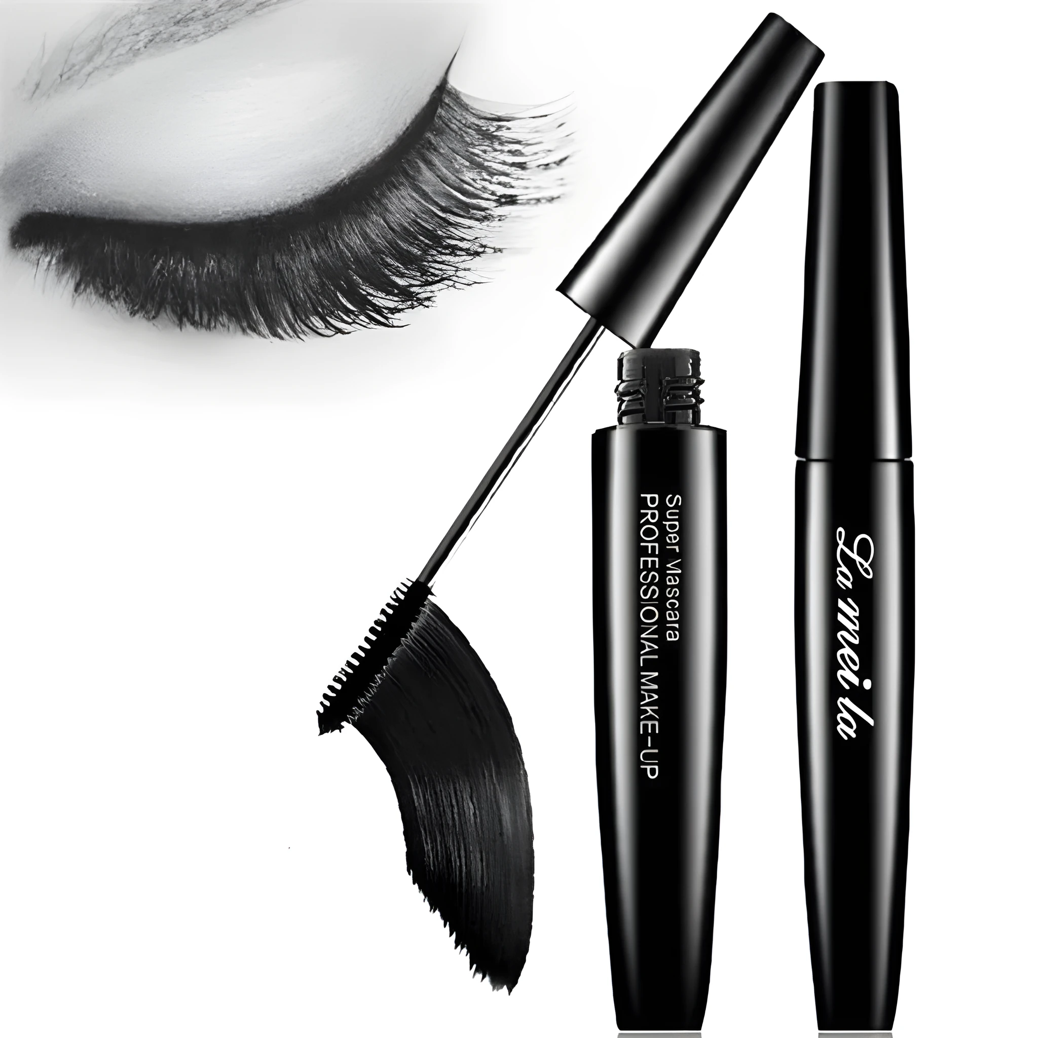 Thick waterproof mascara in black for volume and curl, smudge-proof formula