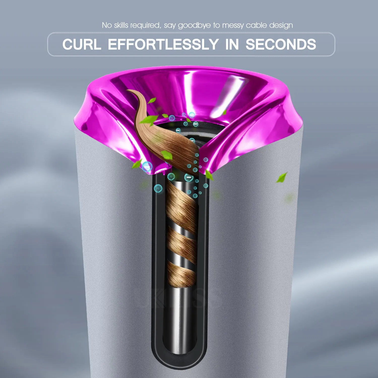 USB charging portable automatic hair curling iron with black and pink body and LCD display