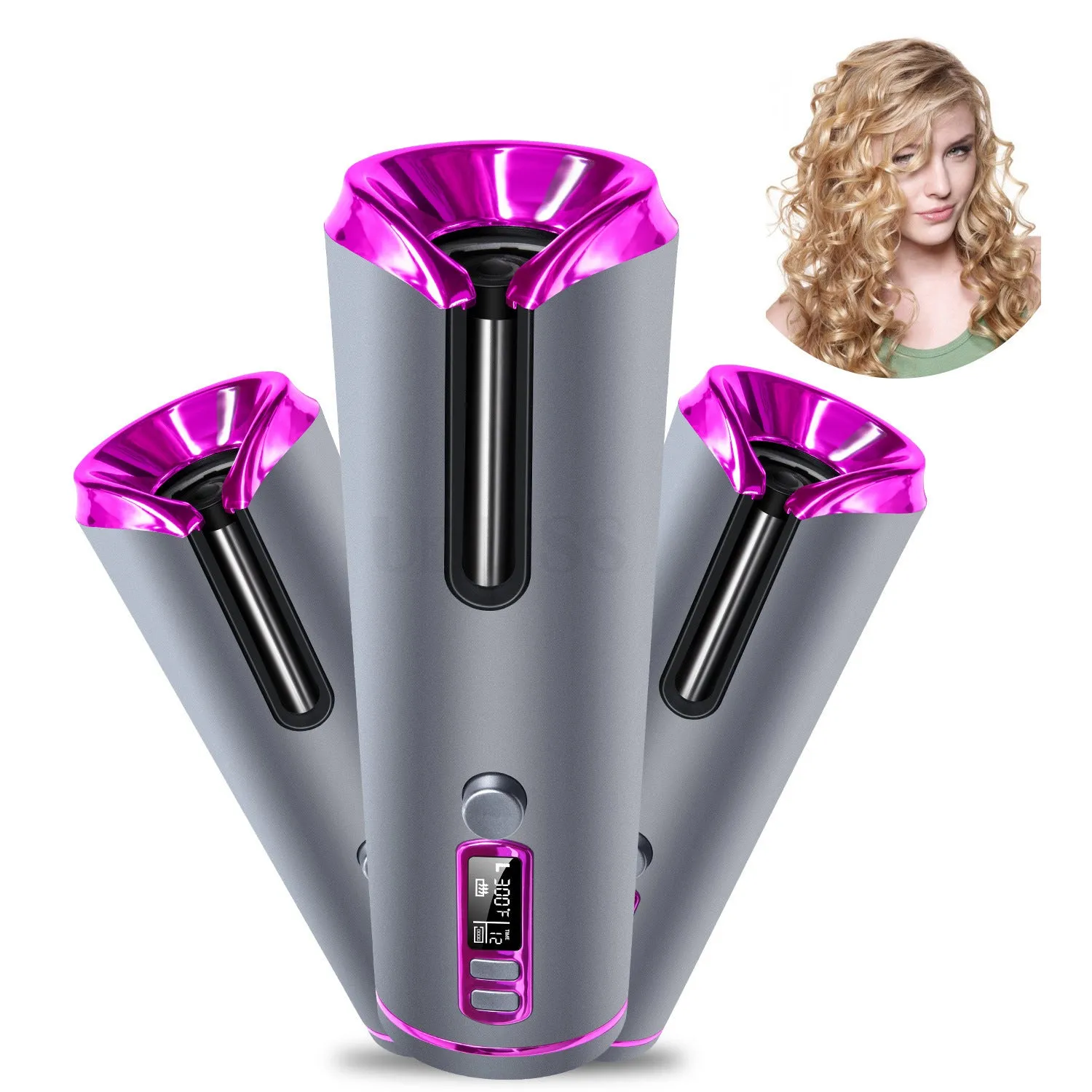 USB charging portable automatic hair curling iron with black and pink body and LCD display