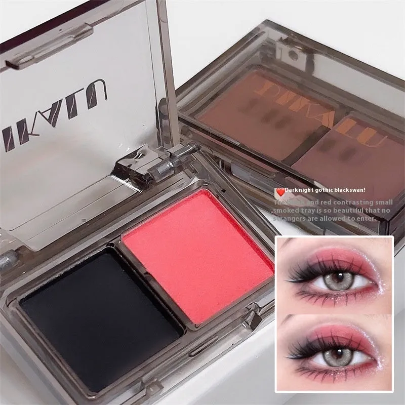 Cool two-tone eyeshadow plate compact showing pink and black colour combination with matte and shimmer finishes