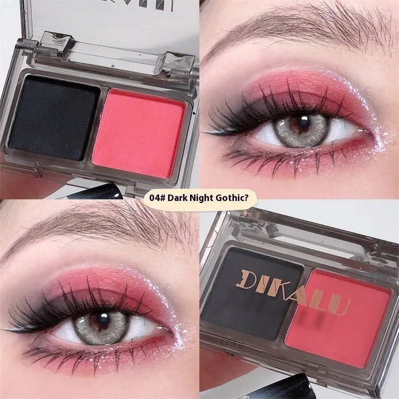 Cool two-tone eyeshadow plate compact showing pink and black colour combination with matte and shimmer finishes