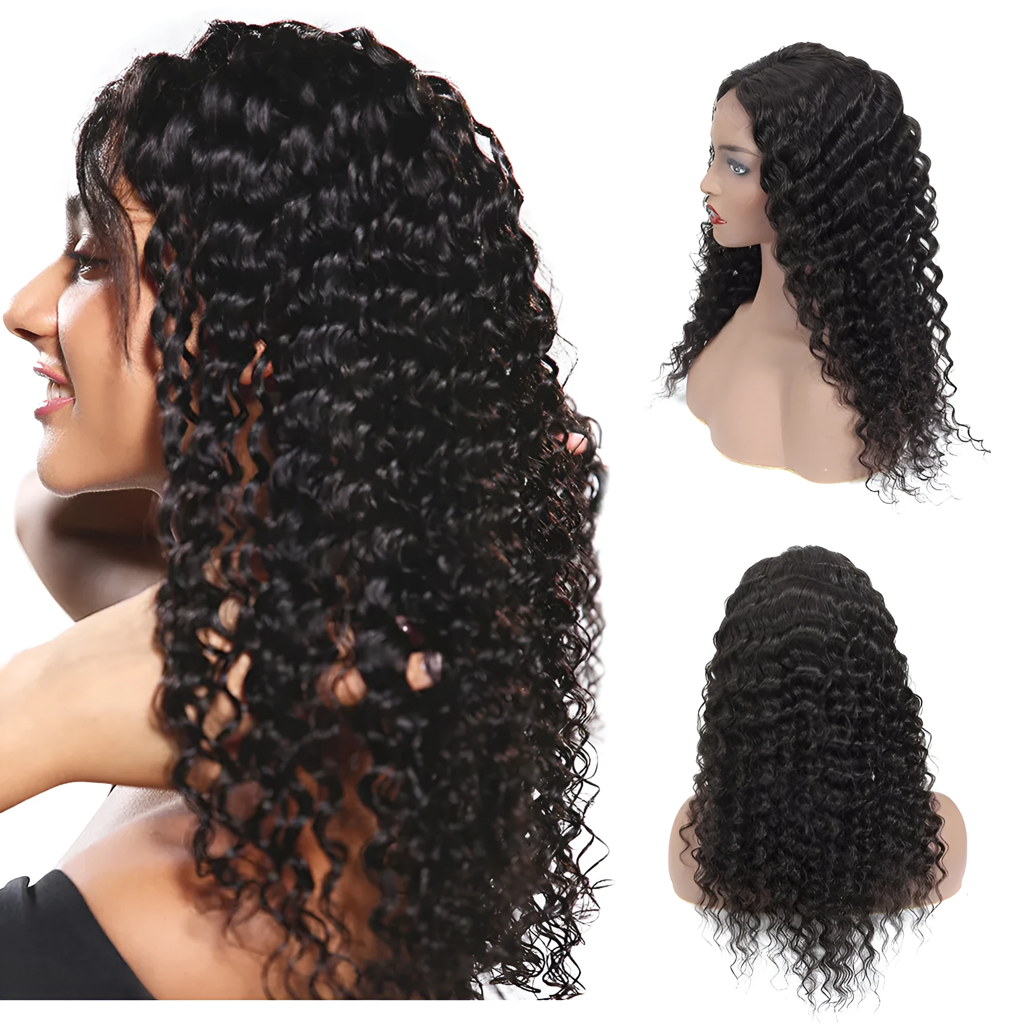 Human hair wig with lace front in 1B natural colour, 16 inch length, on a mannequin head