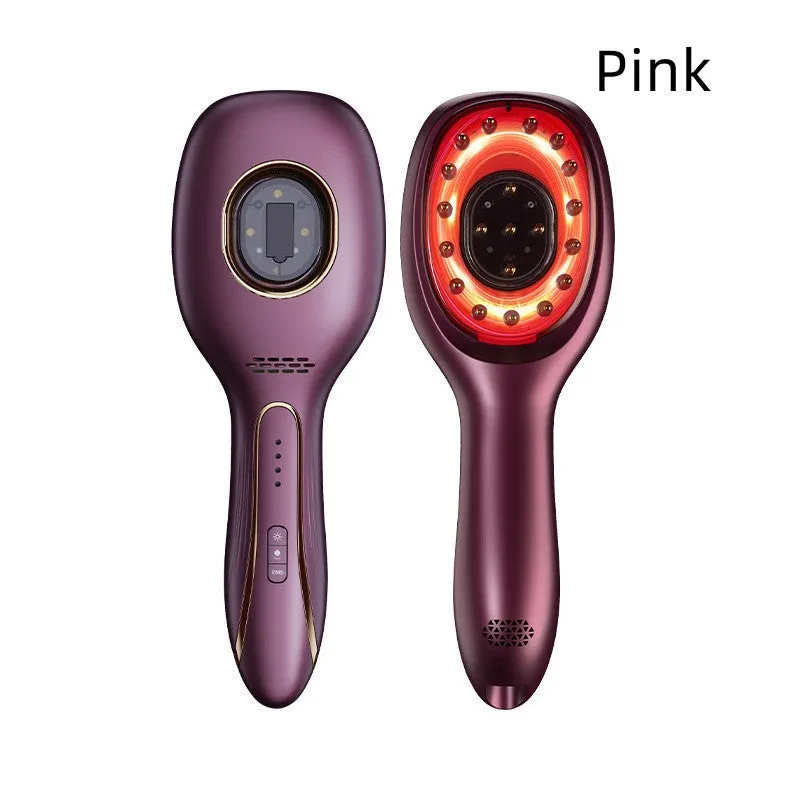 Red and blue LED hair growth comb with USB charging cable, available in pink, purple, and white colours, 82x235x41mm