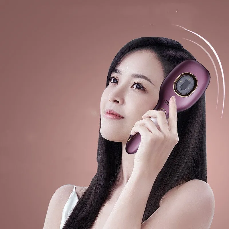 Red and blue LED hair growth comb with USB charging cable, available in pink, purple, and white colours, 82x235x41mm