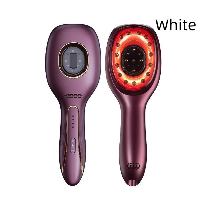 Red and blue LED hair growth comb with USB charging cable, available in pink, purple, and white colours, 82x235x41mm