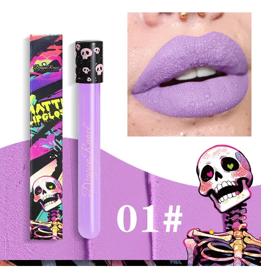 Halloween creative makeup lip gloss in skull test tube packaging showing DR160 shade range