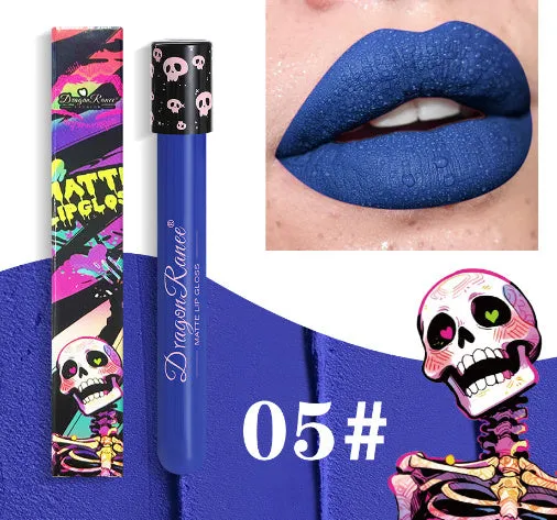 Halloween creative makeup lip gloss in skull test tube packaging showing DR160 shade range