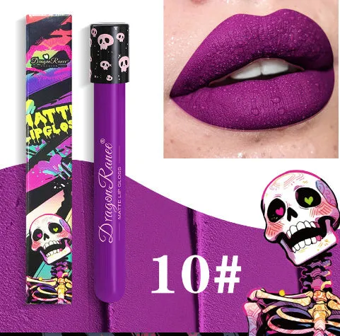 Halloween creative makeup lip gloss in skull test tube packaging showing DR160 shade range