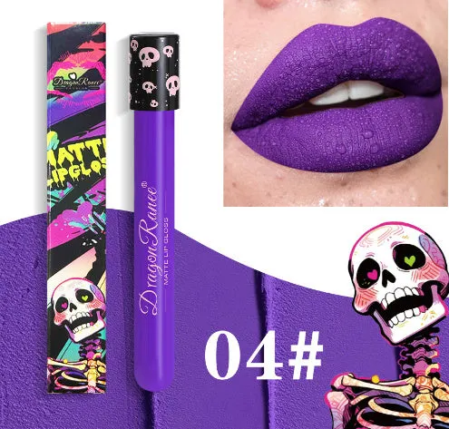 Halloween creative makeup lip gloss in skull test tube packaging showing DR160 shade range