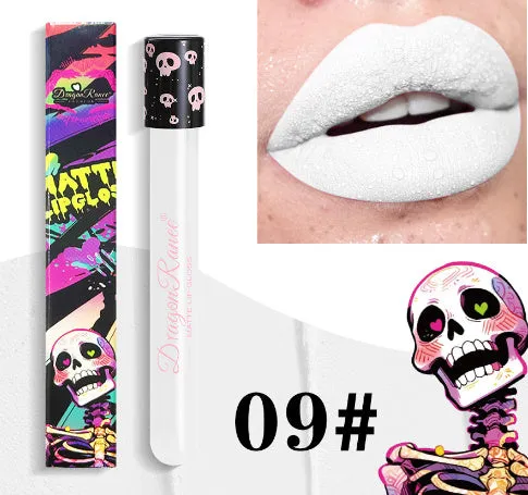 Halloween creative makeup lip gloss in skull test tube packaging showing DR160 shade range