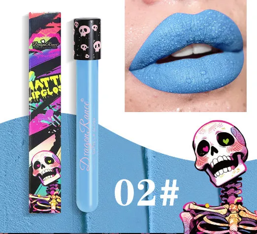 Halloween creative makeup lip gloss in skull test tube packaging showing DR160 shade range