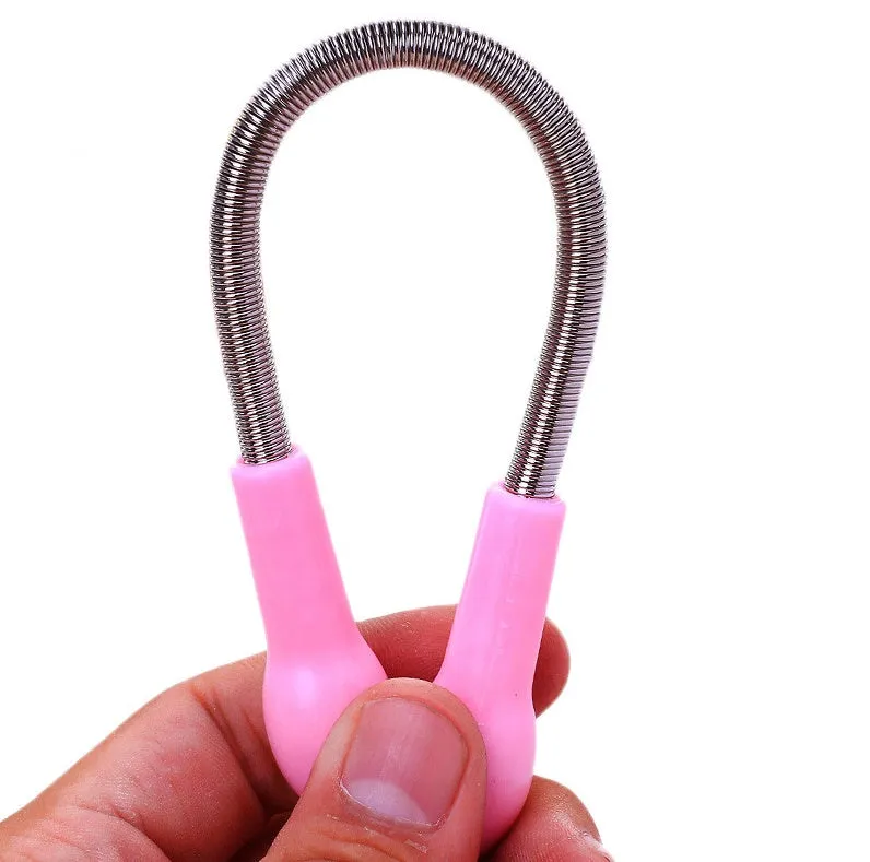 Pink facial hair remover with stainless steel spring and plastic handles, 19cm long, on a light background