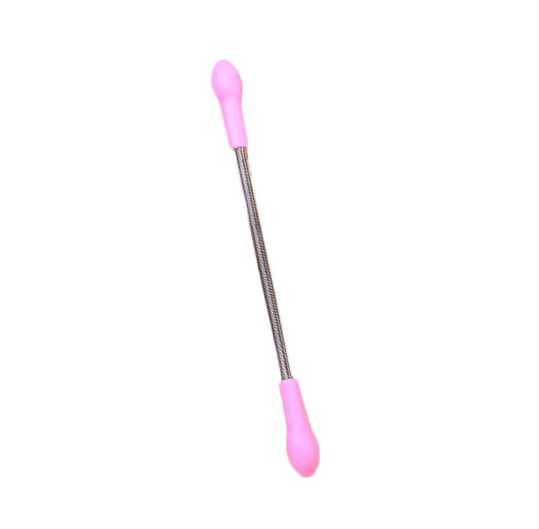 Pink facial hair remover with stainless steel spring and plastic handles, 19cm long, on a light background