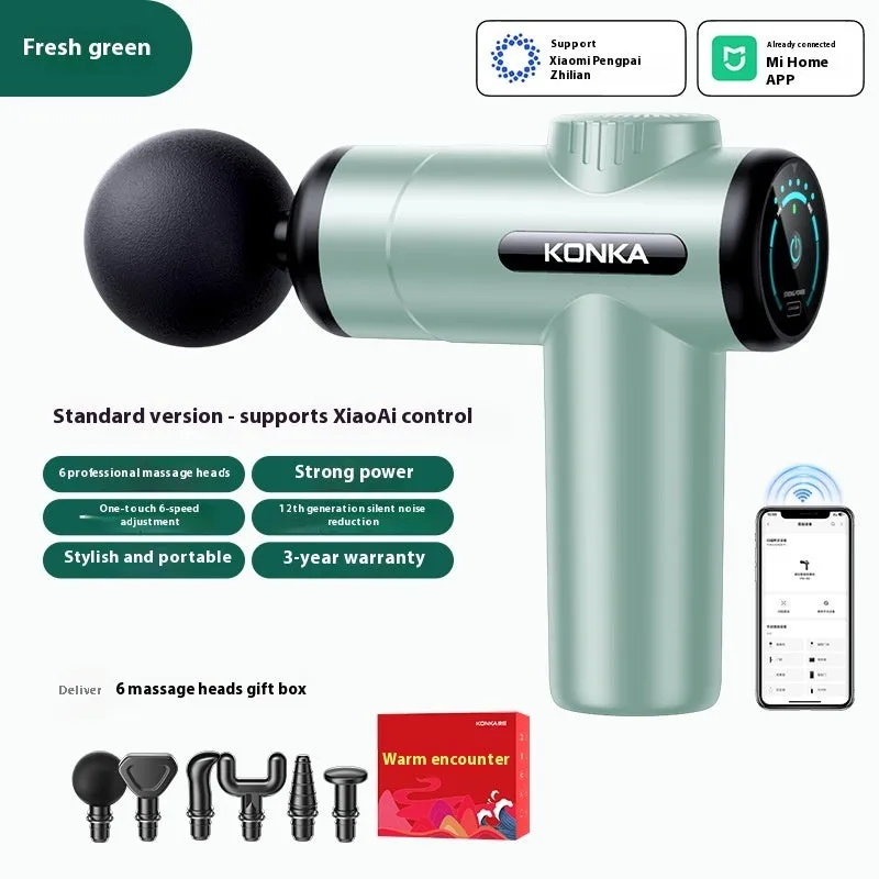 Konka V19 grey mini massage gun with set of eight different coloured massage heads on a table.