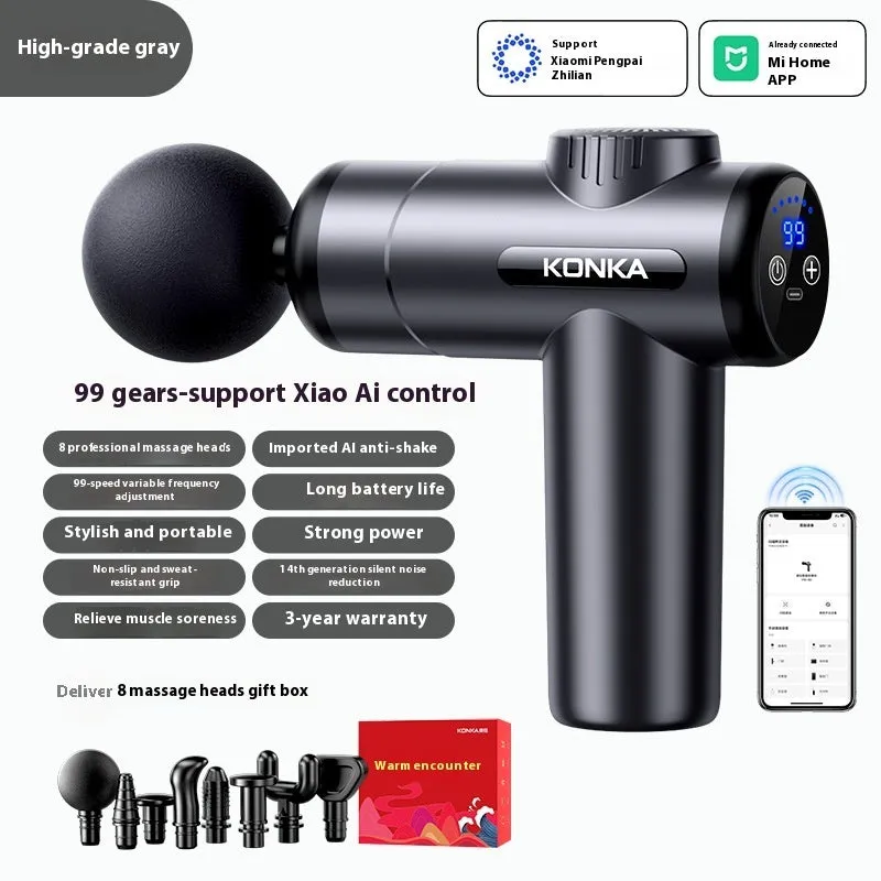 Konka V19 grey mini massage gun with set of eight different coloured massage heads on a table.