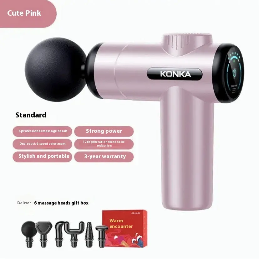 Konka V19 grey mini massage gun with set of eight different coloured massage heads on a table.