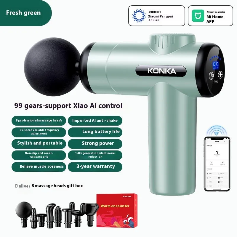 Konka V19 grey mini massage gun with set of eight different coloured massage heads on a table.