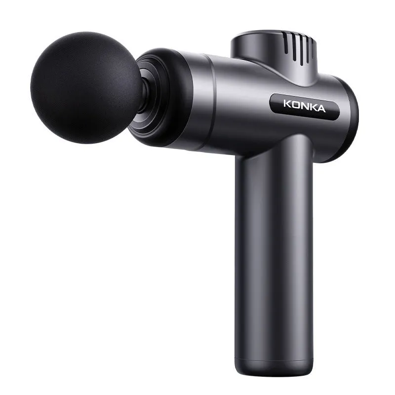 Konka V19 grey mini massage gun with set of eight different coloured massage heads on a table.