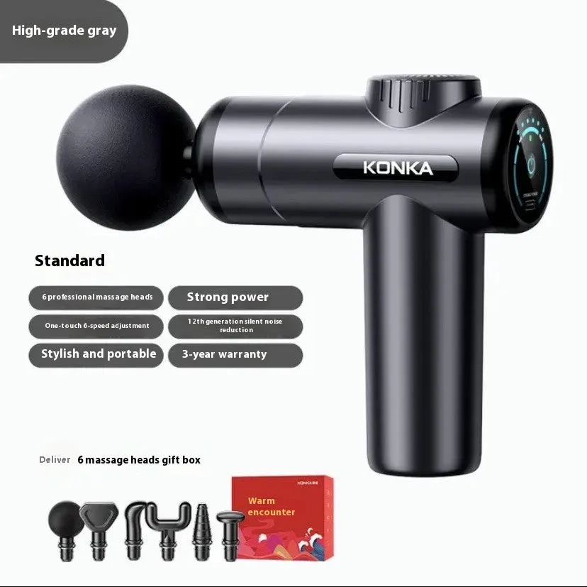 Konka V19 grey mini massage gun with set of eight different coloured massage heads on a table.