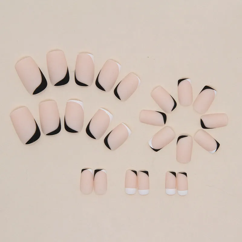 Black and white frosted French manicure false nails set with mandarin duck colour pairing