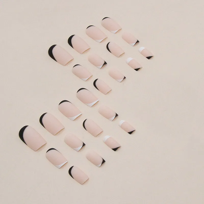 Black and white frosted French manicure false nails set with mandarin duck colour pairing