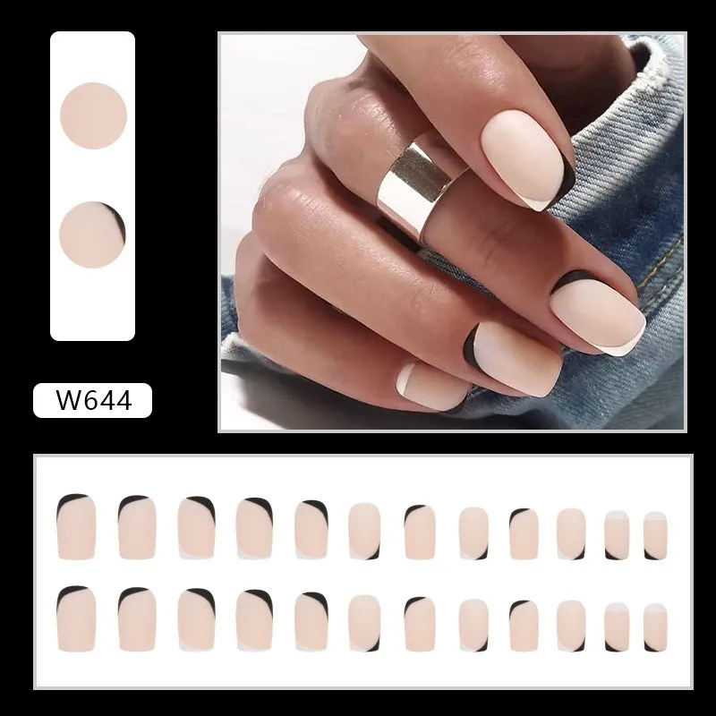 Black and white frosted French manicure false nails set with mandarin duck colour pairing