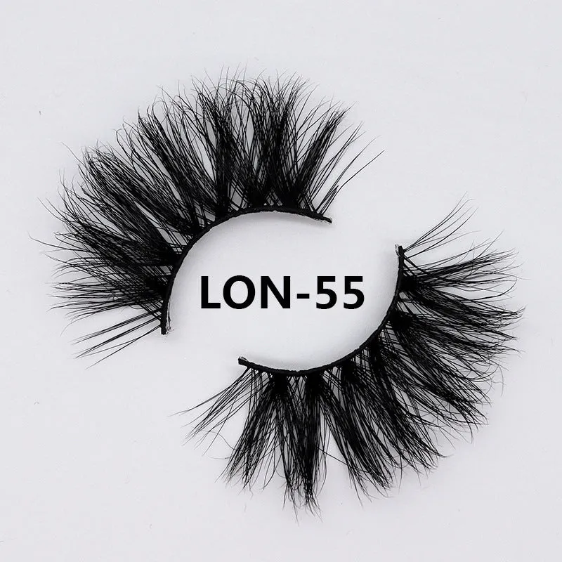 Real mink hair false eyelashes in 25MM3D length with fluffy handmade lash strands on a white background