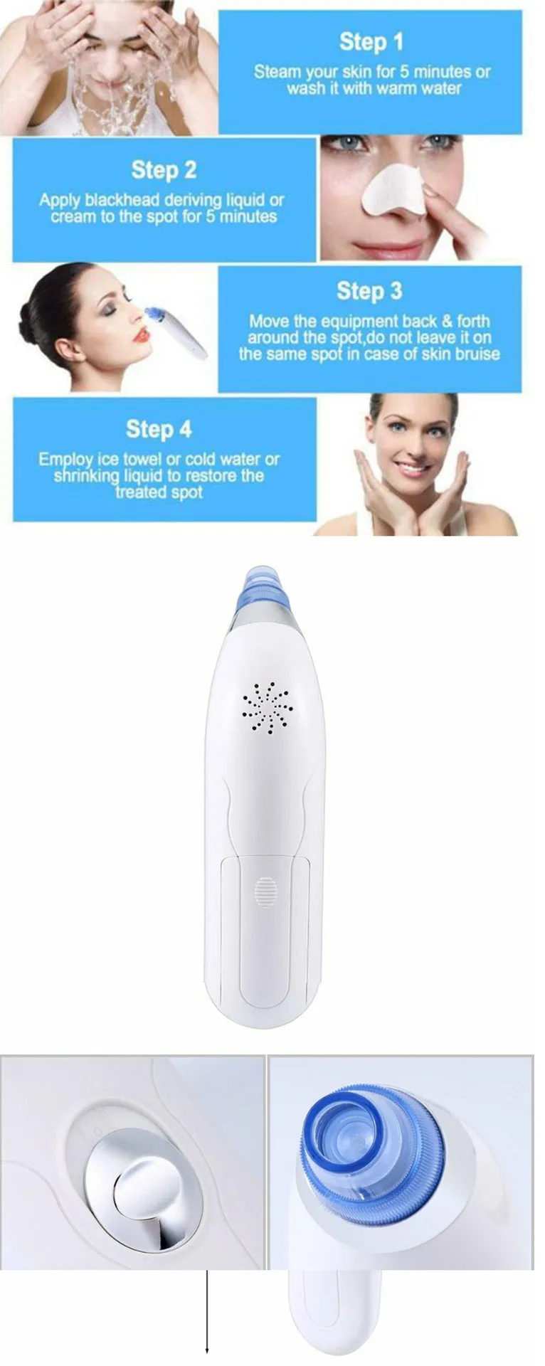 Electric pore blackhead cleaner in pink and white colours with ultrasonic vibration working method for facial skincare