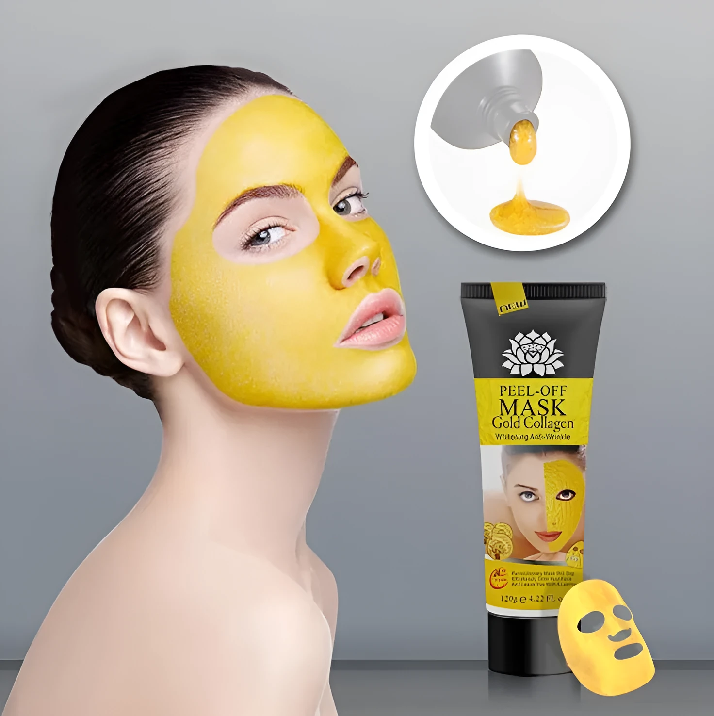 Gold Collagen Peel Off Mask 120g in jar with peel-off texture visible, unisex anti-aging mud mask
