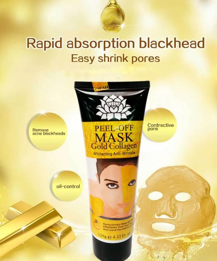 Gold Collagen Peel Off Mask 120g in jar with peel-off texture visible, unisex anti-aging mud mask