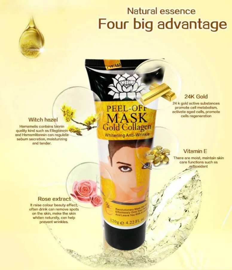 Gold Collagen Peel Off Mask 120g in jar with peel-off texture visible, unisex anti-aging mud mask