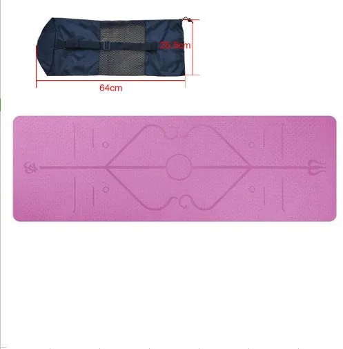TPE yoga mat in bamboo blue with body position line, 6mm thick, rolled out on a wooden floor