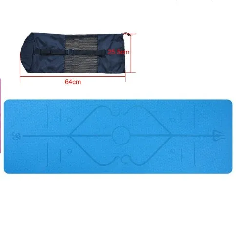 TPE yoga mat in bamboo blue with body position line, 6mm thick, rolled out on a wooden floor