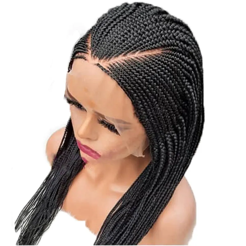 13x6 lace front braided wig in black, 24 inch length, synthetic fibre with three braids