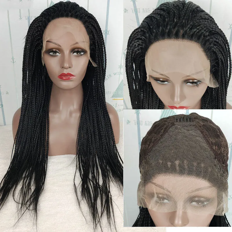 13x6 lace front braided wig in black, 24 inch length, synthetic fibre with three braids