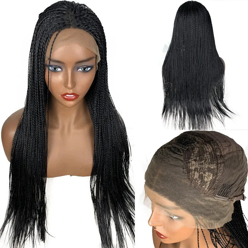 13x6 lace front braided wig in black, 24 inch length, synthetic fibre with three braids