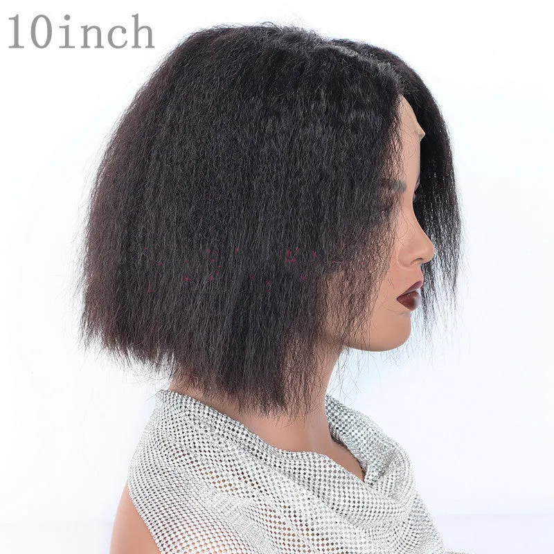 Kinky straight front human hair wig Bobo lace wig real hair long 14 inch slanted bangs