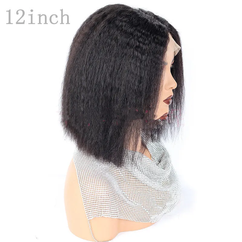Kinky straight front human hair wig Bobo lace wig real hair long 14 inch slanted bangs