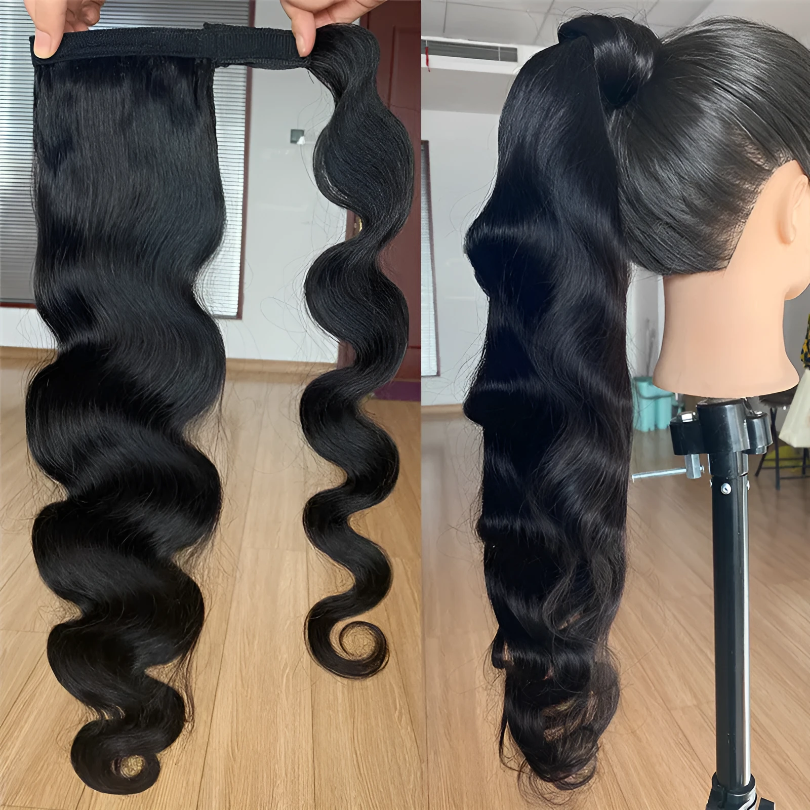 Black real human hair bandage bundled ponytail extension from Wig Jurchen available in 40-70cm lengths